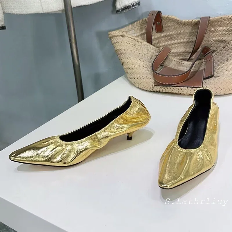 2025 Spring Summer Genuine Leather Pleated Pointed Toe Kitte Heel Women's Retro Shallow Mouth High Heels Banquet Dress Shoes