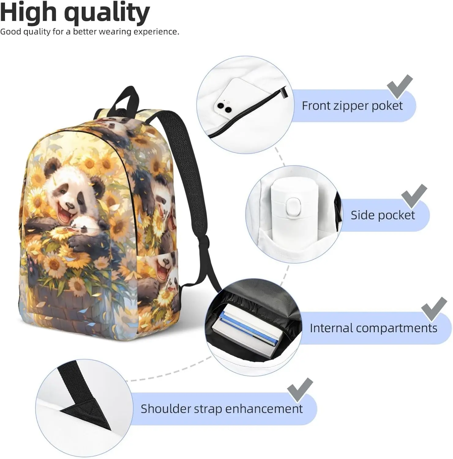 Mochila para computadora portátil de viaje: lindo panda girasol Mochila de lona para computadora con correas ajustables