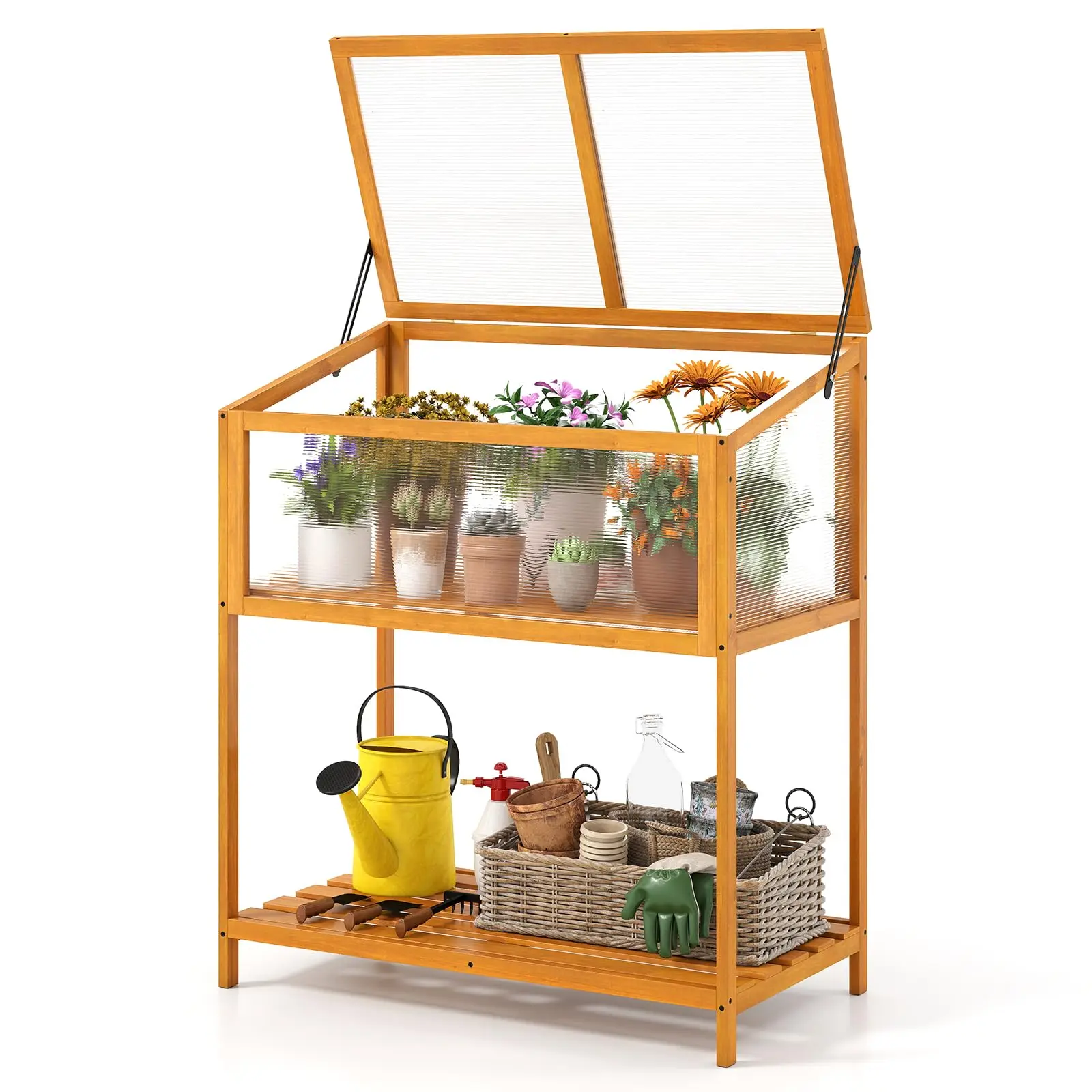 Wood Cold Fe enhouse, Raised Flower Planter Protection with Transparent Openable Roof & Slatted Shelf, Indoor Outdoor