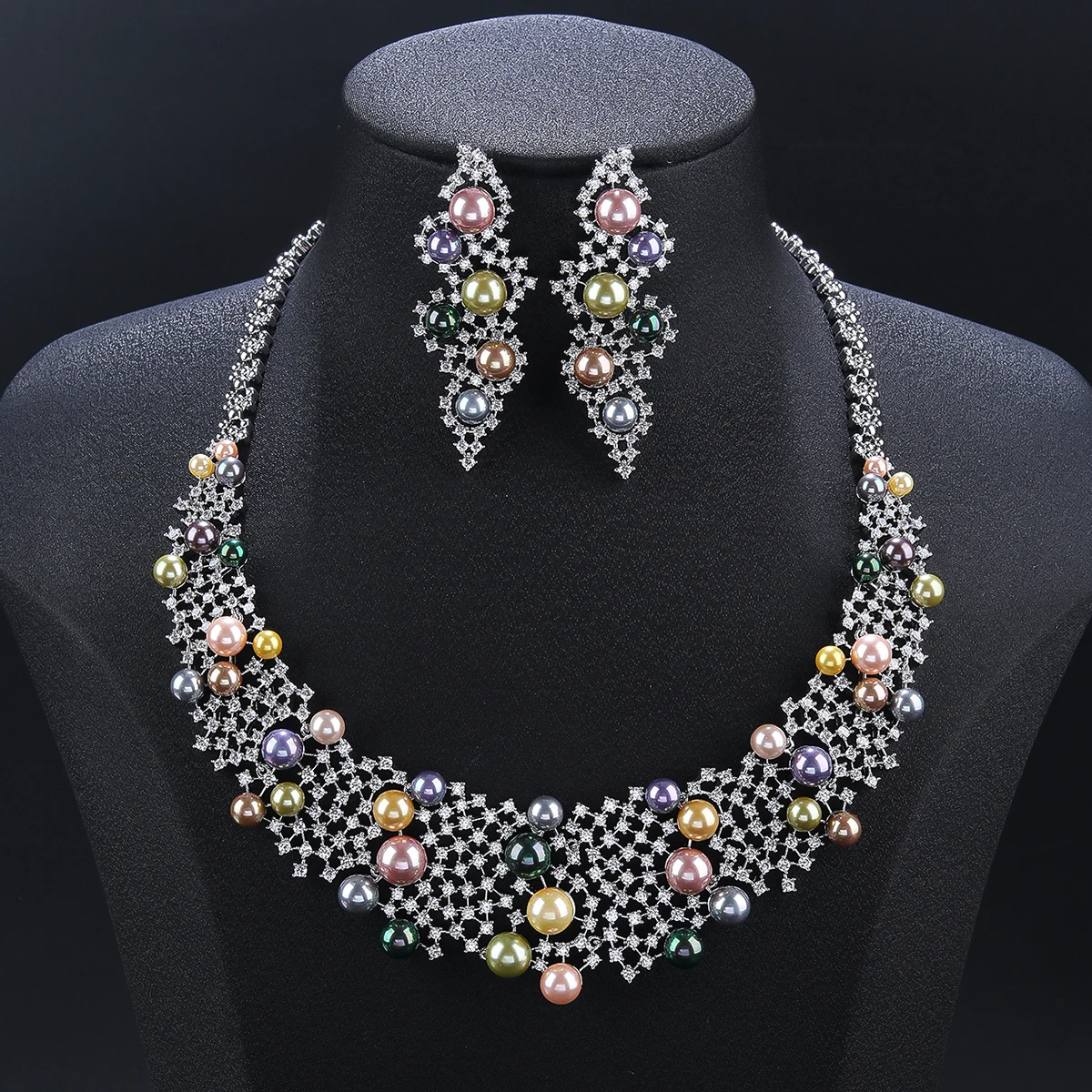 Gorgeous Bridal Jewelry Set Colors Pearl Cubic Zirconia Ladies Party Wedding Flower Necklace And Earrings Set CN11546