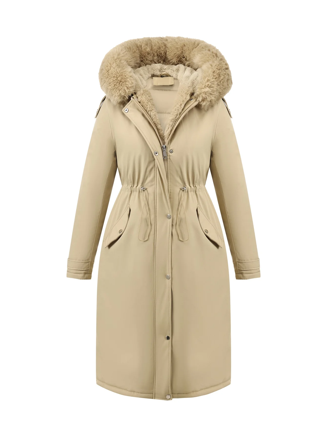 レディース 秋冬ファッション ミドル丈コート フェイクファー襟付き ウエストタイ付き