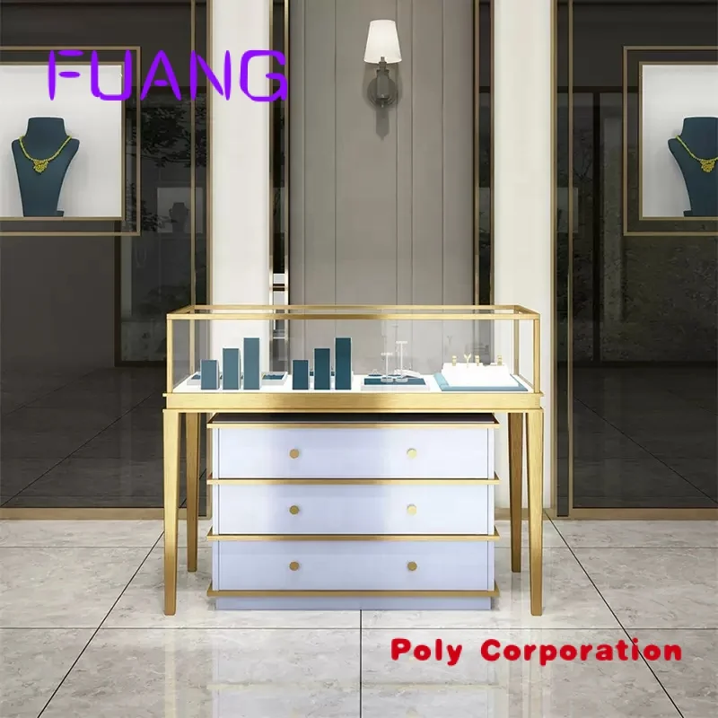 Custom  New Design Bespoke Logo Luxury Jewelry Shop Retail Counter Furniture Modern Design Metal Frame Locking Jewelry Display C