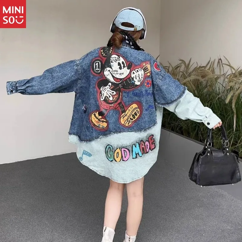 

Miniso 2025 Spring and Autumn Cartoon Printed Denim Shirt Women's Loose Casual Versatile Age Reduction Top