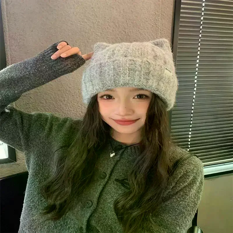 القط الأذن قبعة الشتاء قبعة دافئة محبوك قبعة مع يندبروف سميكة تصميم لطيف الخريف الشتاء الملحقات الدافئة