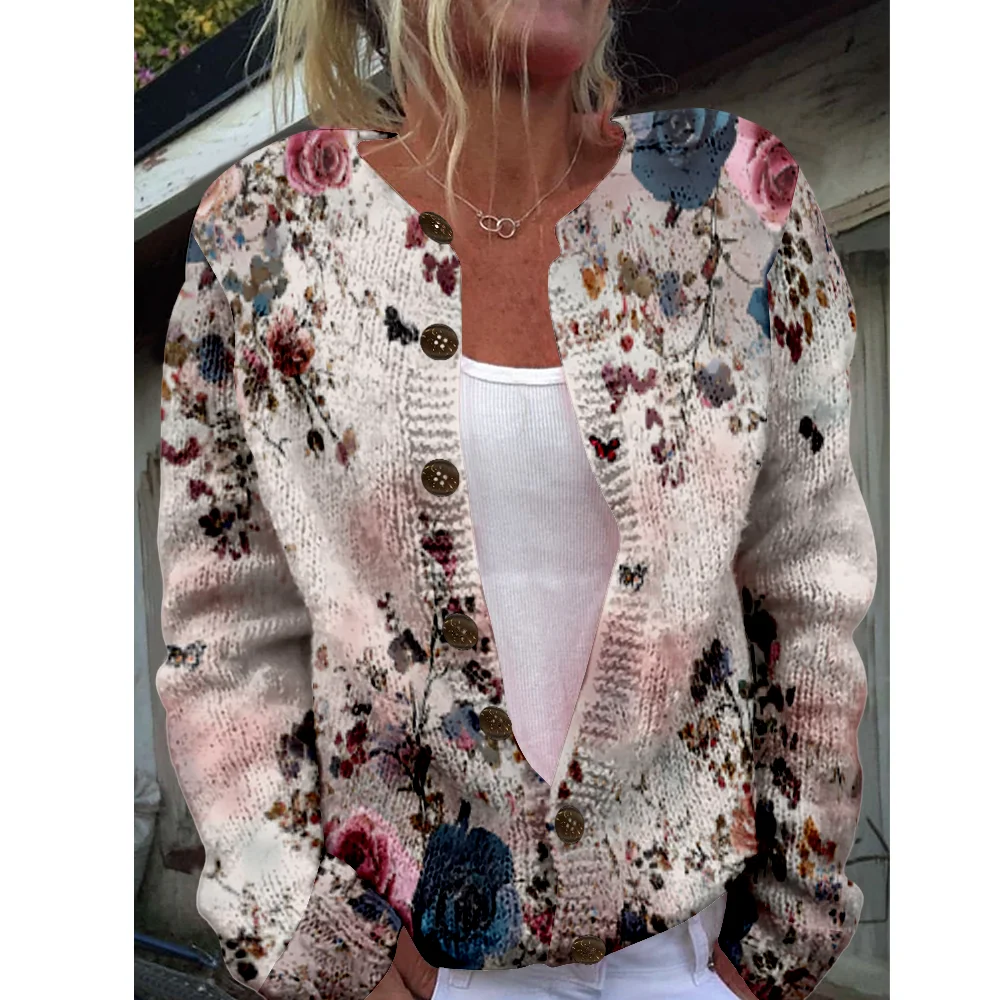 

Осень-зима вязаный кардиган с цветочным принтом, повседневный свитер, уличная одежда, женские свитера, вязаный топ, крутые джемперы, модные