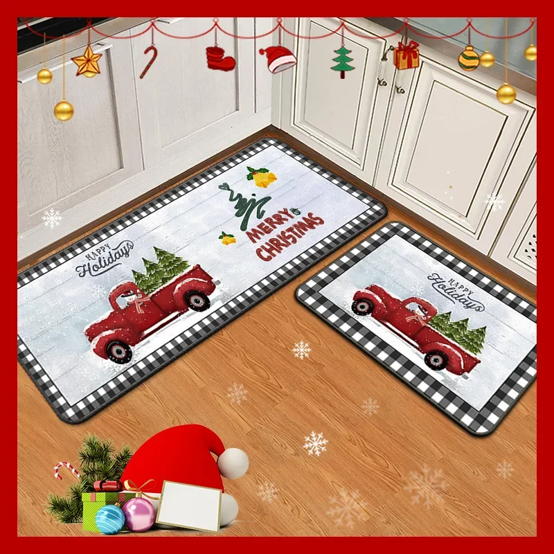 Christmas Absorbent Anti-slip Floor Mat Living Room Hallway Doormat Xmas Red Truck Pattern Carpets Kitchen Accessories Area Rugs