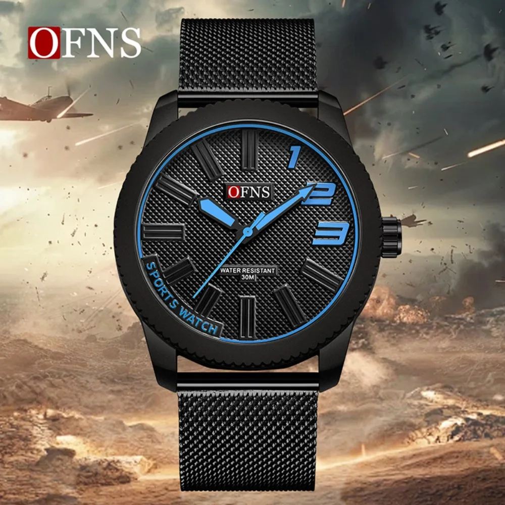 

Мужские часы OFNS 1590 с текстурированным сетчатым ремешком, простые цифровые кварцевые часы для города, светящиеся водонепроницаемые часы для мужчин