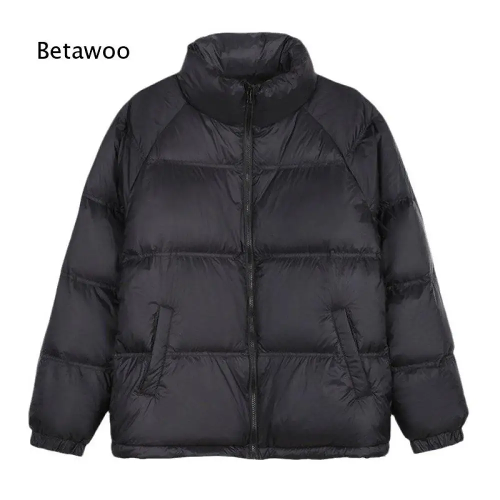 Mens Solid Color Stand Collar Down Coat Raglan Cut Full Zipper Front Elastic Cuffs Side Pockets Loose Fit Winter Warm Outerwear