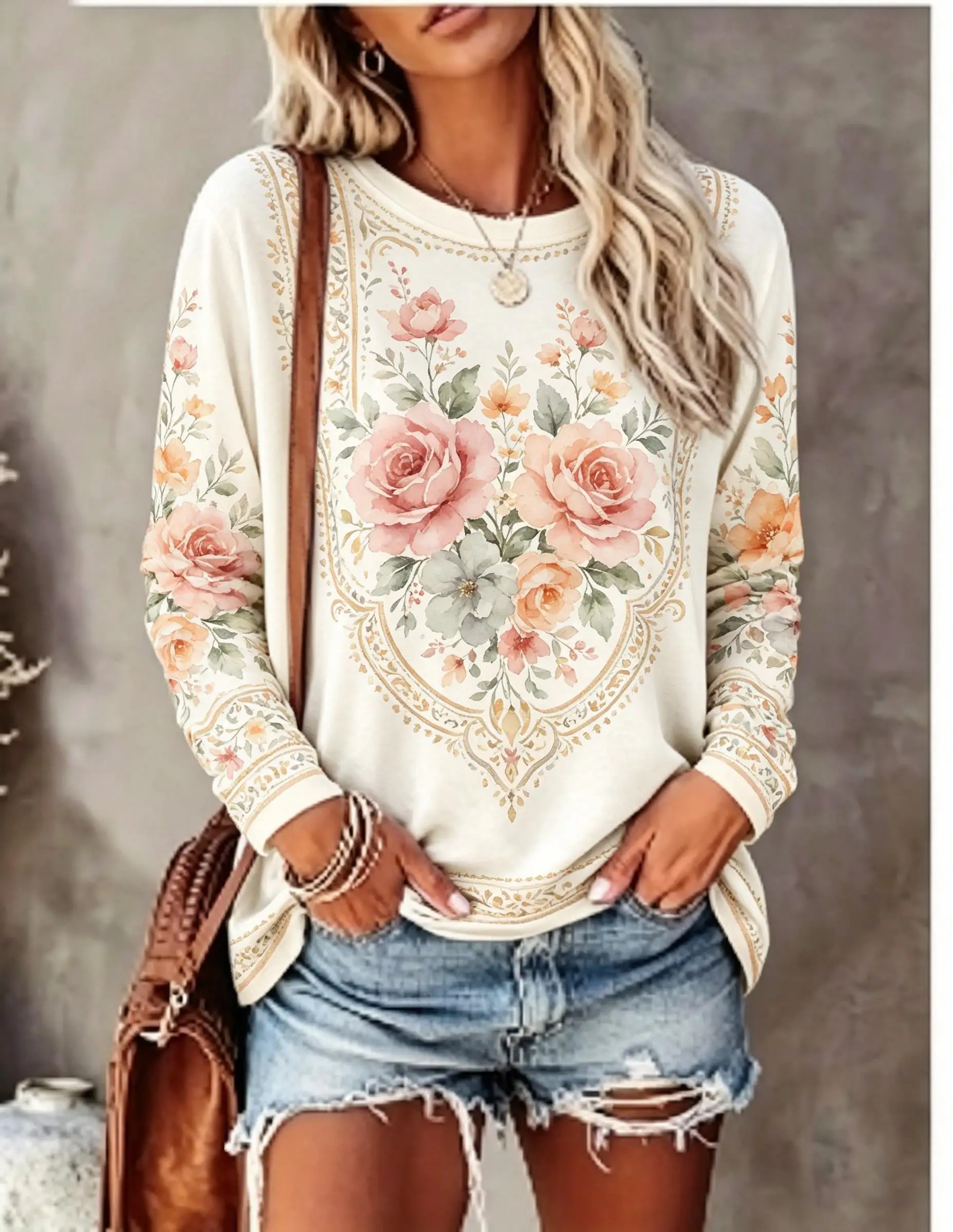 Women Crew Neck Long Sleeve Tops, Vintage Rose Floral Print Casual Loose T‑Shirt