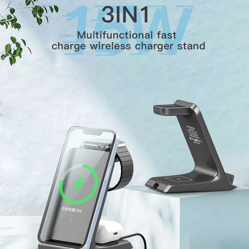 Upgraded Dual Coil Wireless Charger Stand 3 in 1 For iPhone 16 15 14 Airpods Apple Watch Samsung Qi Fast Charging Dock Station