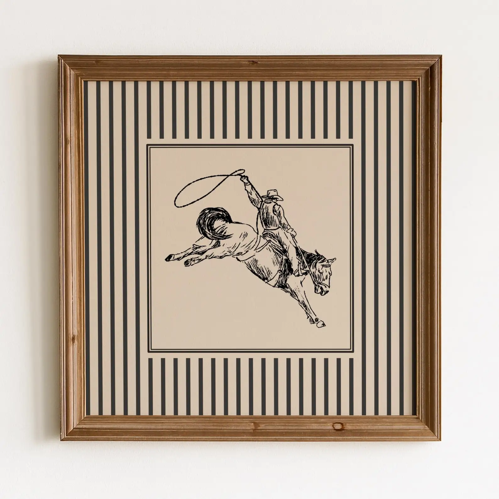 Vintage Striped Cowboy Rodeo Horse Canvas Wall Art, Retro Western Line Drawing Print, Farmhouse Living Room Unframed Home