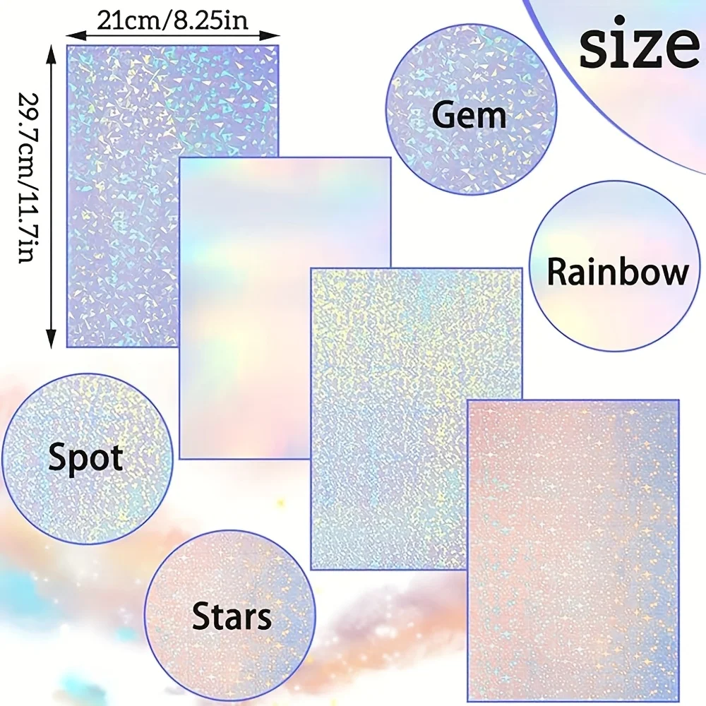 A4 20 Sheets - 6 Style Holographic Sticker Paper - 8.3 X 11.7 Inch Overlay Cold Laminating Film Self Adhesive Vinyl Sheet