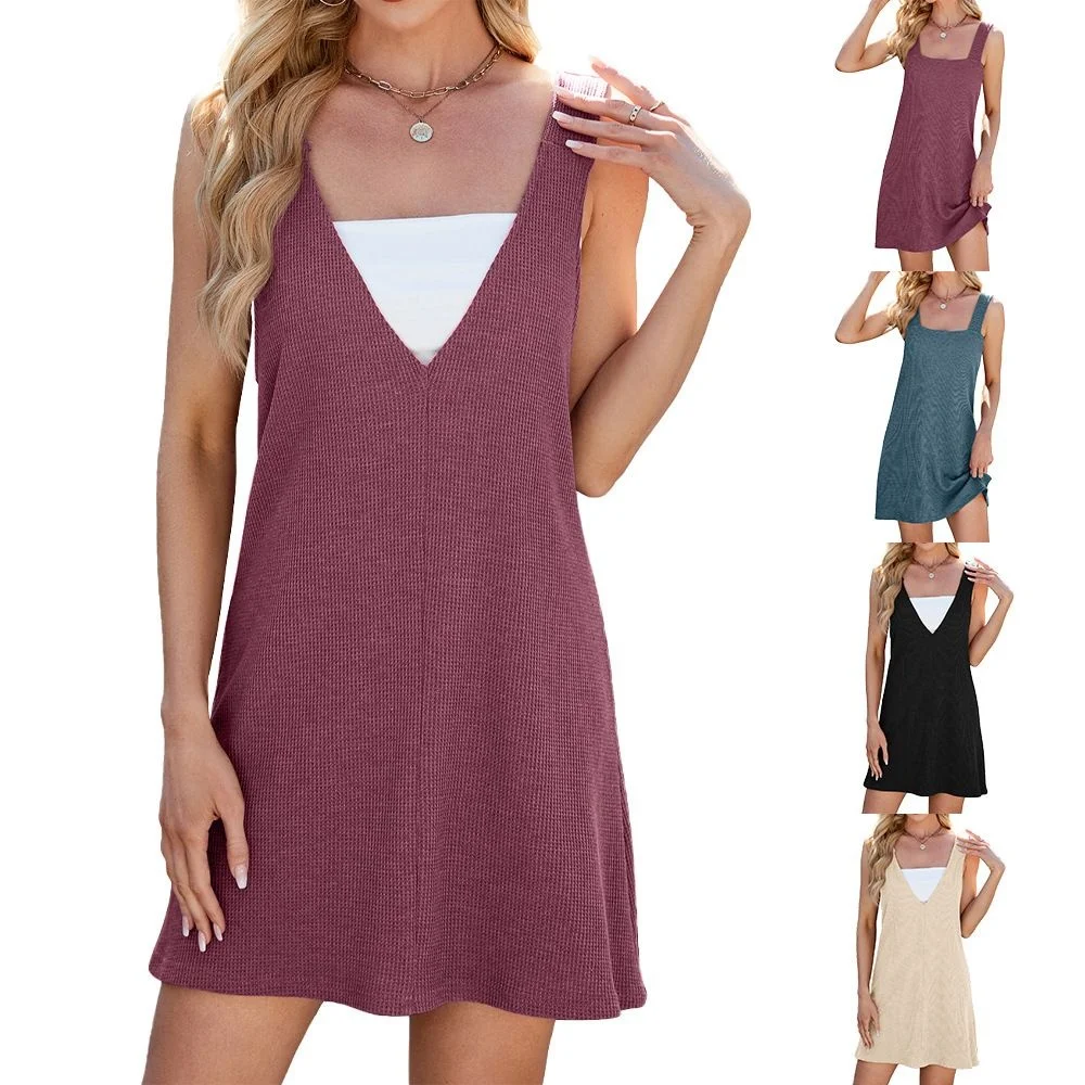 

Loose Fit V-Neck Square Neck Double-Sided Wear Pure Color Spring Summer New Style Women's Dress Modern Style A-Line Midi Dress