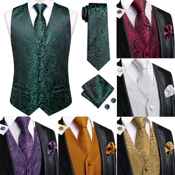 Hi-Tie Men's Silk Vests Fashion Dark Green Floral Jacquard Handkerchief Cufflinks Necktie Sleeveless Wistcoat Sets Wedding Party