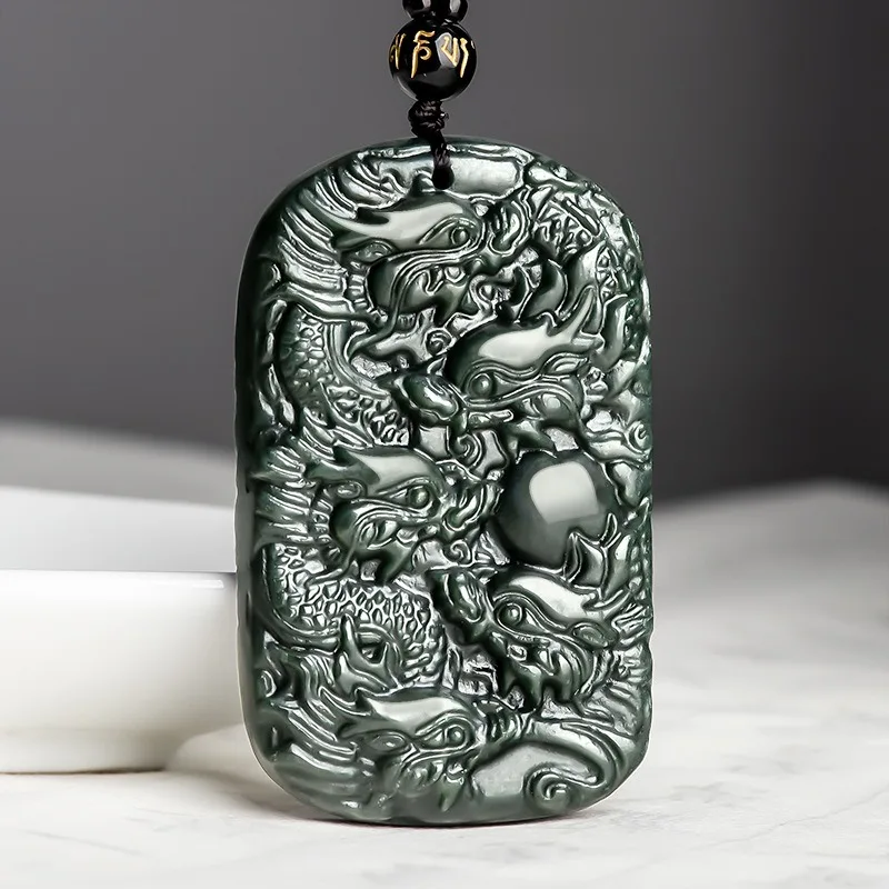 

Hand-carved Natural Hetian Cyan Jade Nine Dragon Pendant Necklace Fashion Charm Jewelry Accessories Amulet Gifts for Men Luxury