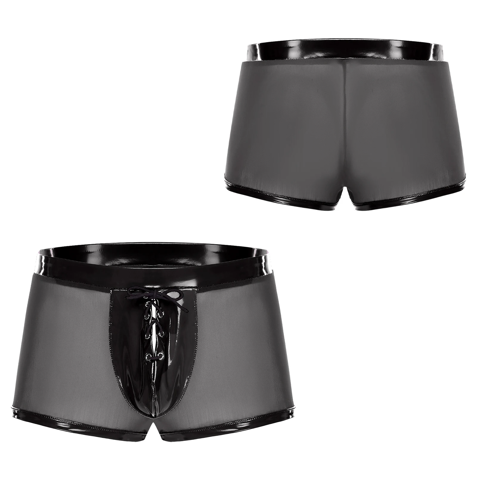 

Мужские шорты для плавания из прозрачной сетки, лоскутные плавки из лакированной кожи с улучшенной промежностью, сексуальная пляжная одежда и трусы-боксеры для вечеринки у бассейна