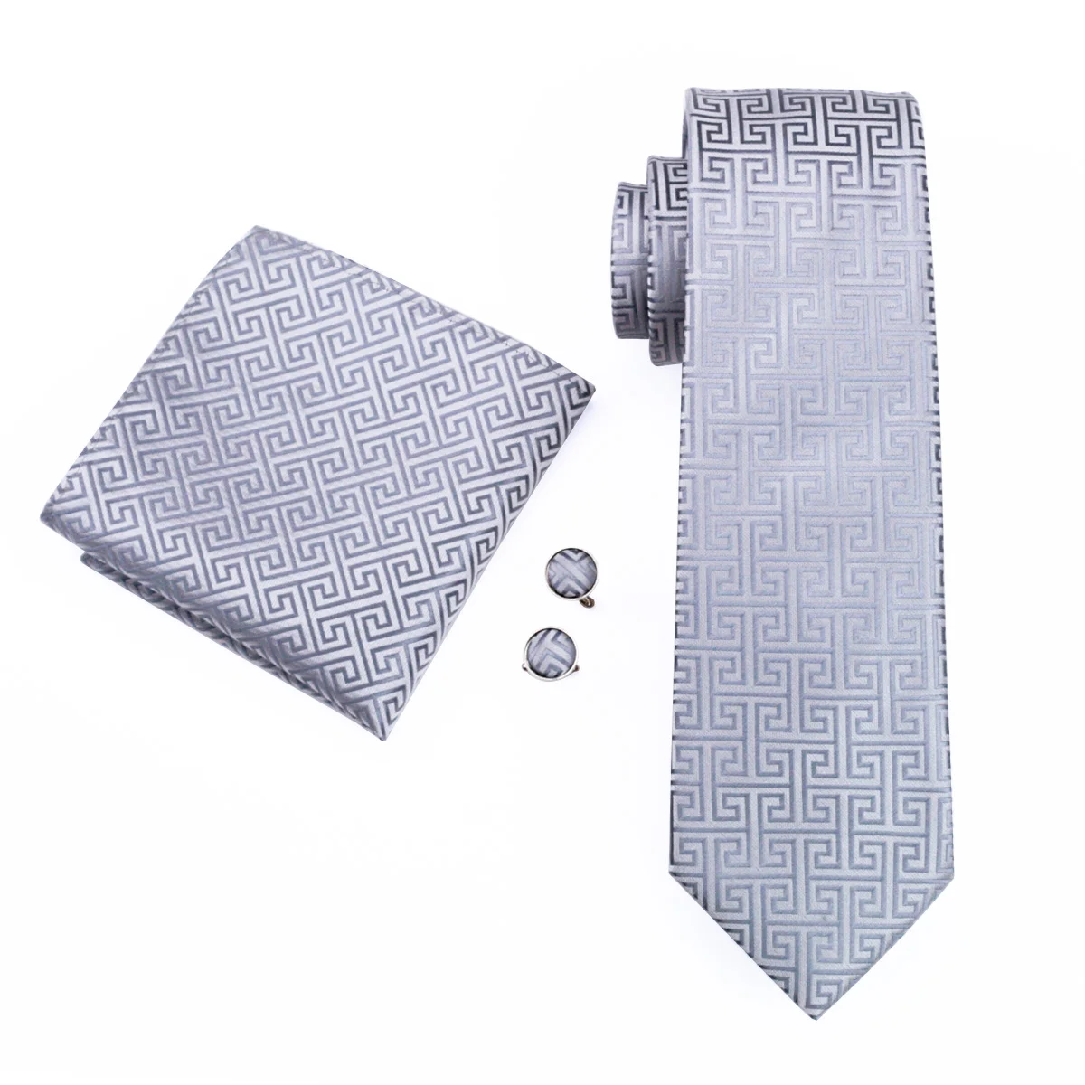 シルバー幾何学模様メンズネクタイハンカチカフスセットジャカードネクタイ男性用結婚式ビジネスネクタイフォーマル父夫ギフト