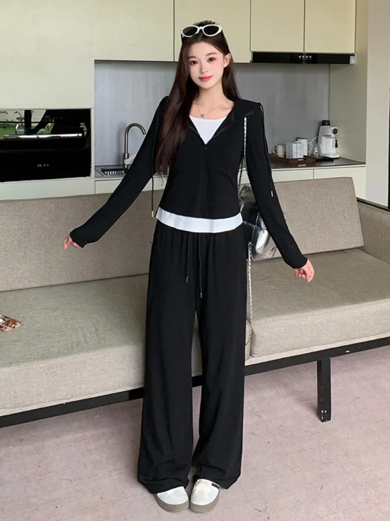 

Большие размеры, осенне-зимний женский повседневный комплект брюк с капюшоном, широкие брюки, закрывающий живот, комплект из двух предметов, модный комплект для поездок на работу...