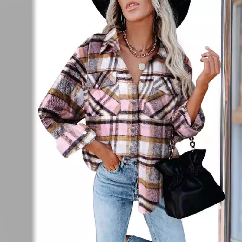 Wish Women's New Woolen Shirt Long Sleeved Checkered Jacket