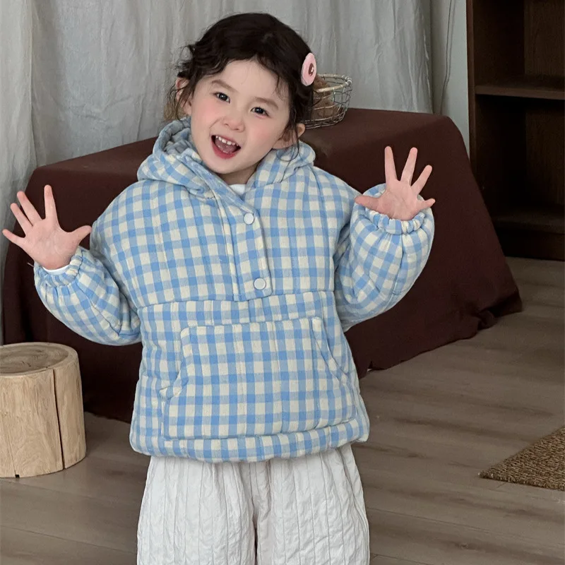 2025 Boys and Girls Winter New Korean Hooded Plaid Thickened Cotton-padded Jacket Loose Foreign Pullover Cotton Clothes