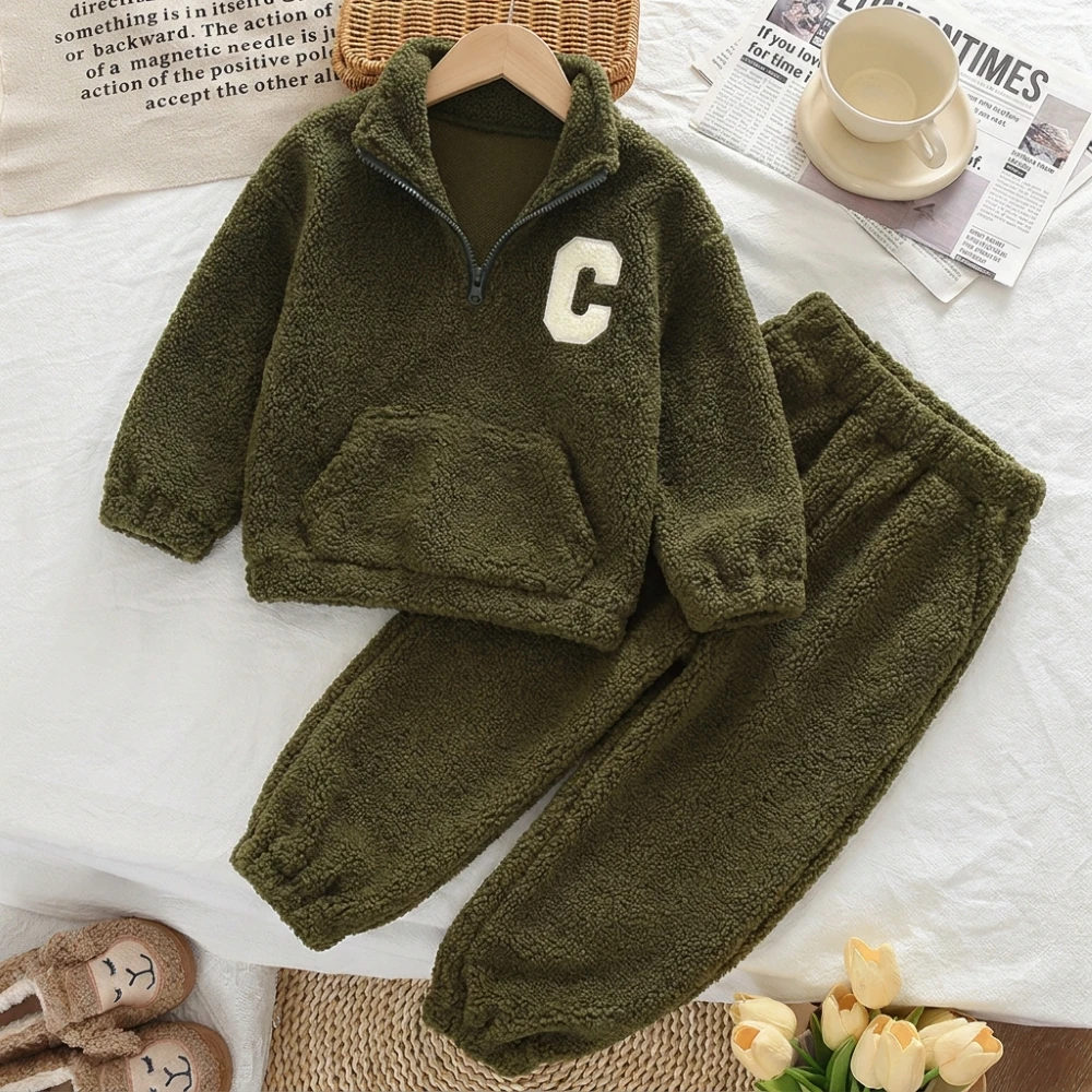 Vintage Green Girl Outfits Autumn/Winter Kids Clothes Girls Plush Long Sleeve Top and Pants Warm Two Piece Set
