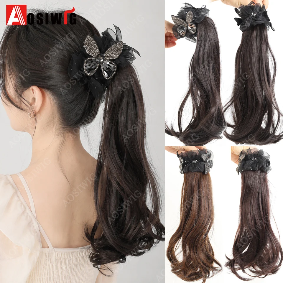 Scrunchie Long Wavy Ponytail Wig Tulle Rhinestone Butterfly Decor Synthetic Elastic Hair Extensions For Women Daily Party