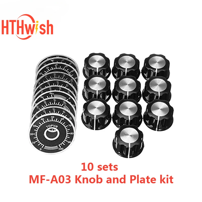 10 Sets Potentiometer Knob Kit 6mm MF-A03 Dial Knob and MF-A03 Bakelite Knob Scale Plate Sheet Digital Potentiometer Set