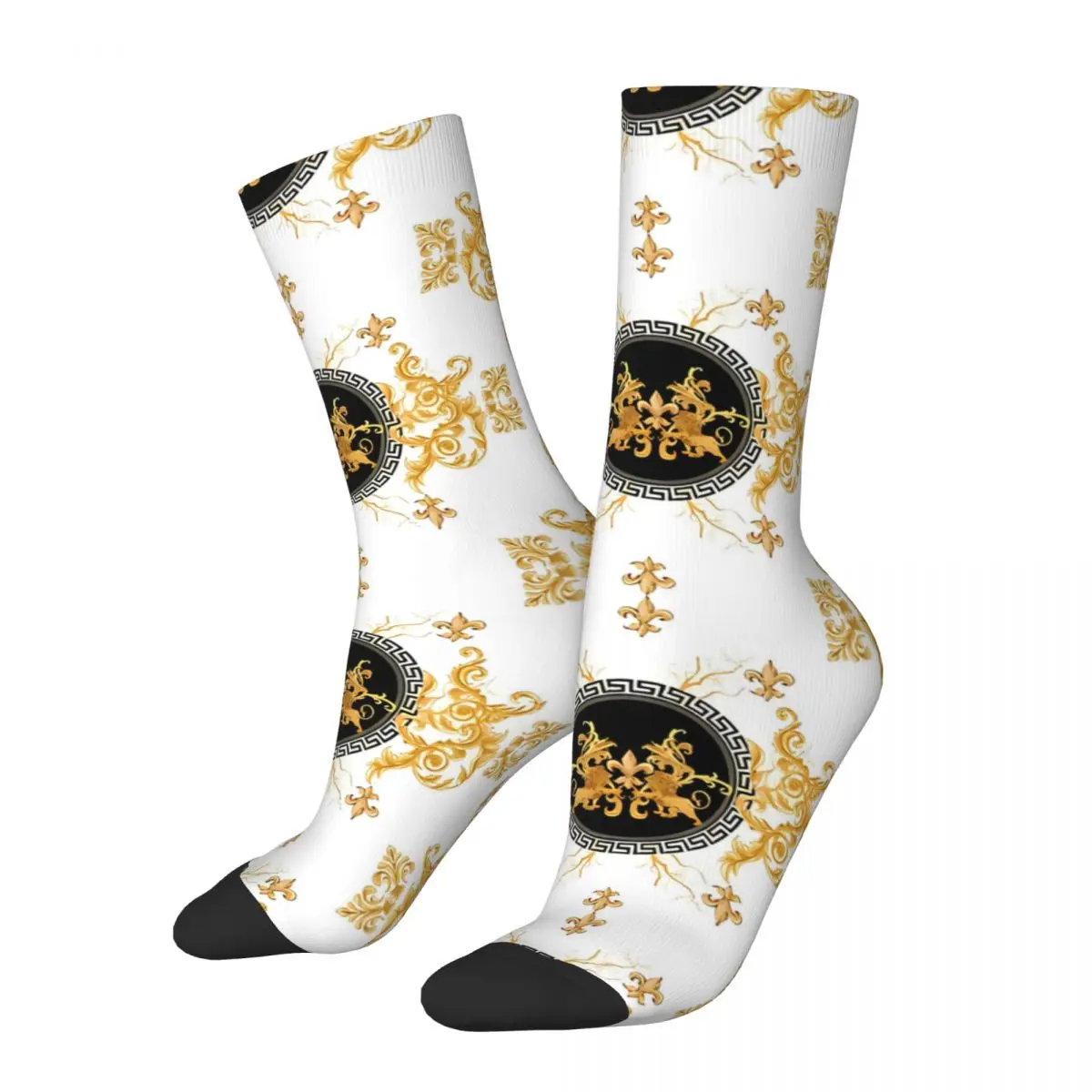 Vintage Golden Baroque Lion Men's Socks Golden Lion And Damask Unisex Hip Hop Pattern Printed Funny Crew Sock Gift