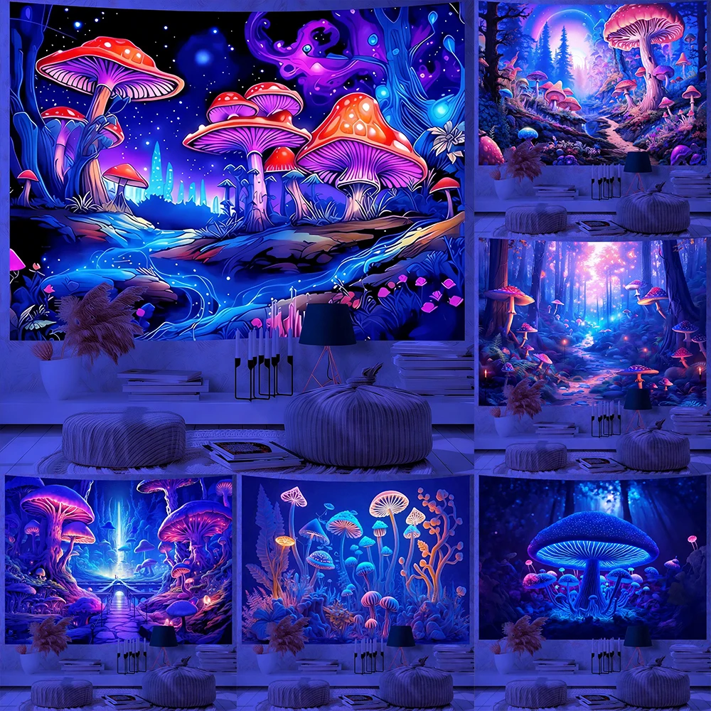 

Glowing Mushroom Tapestry Vivid Fantasy Design UV reaction tapestry background decoration wall hanging bedroom party decoration