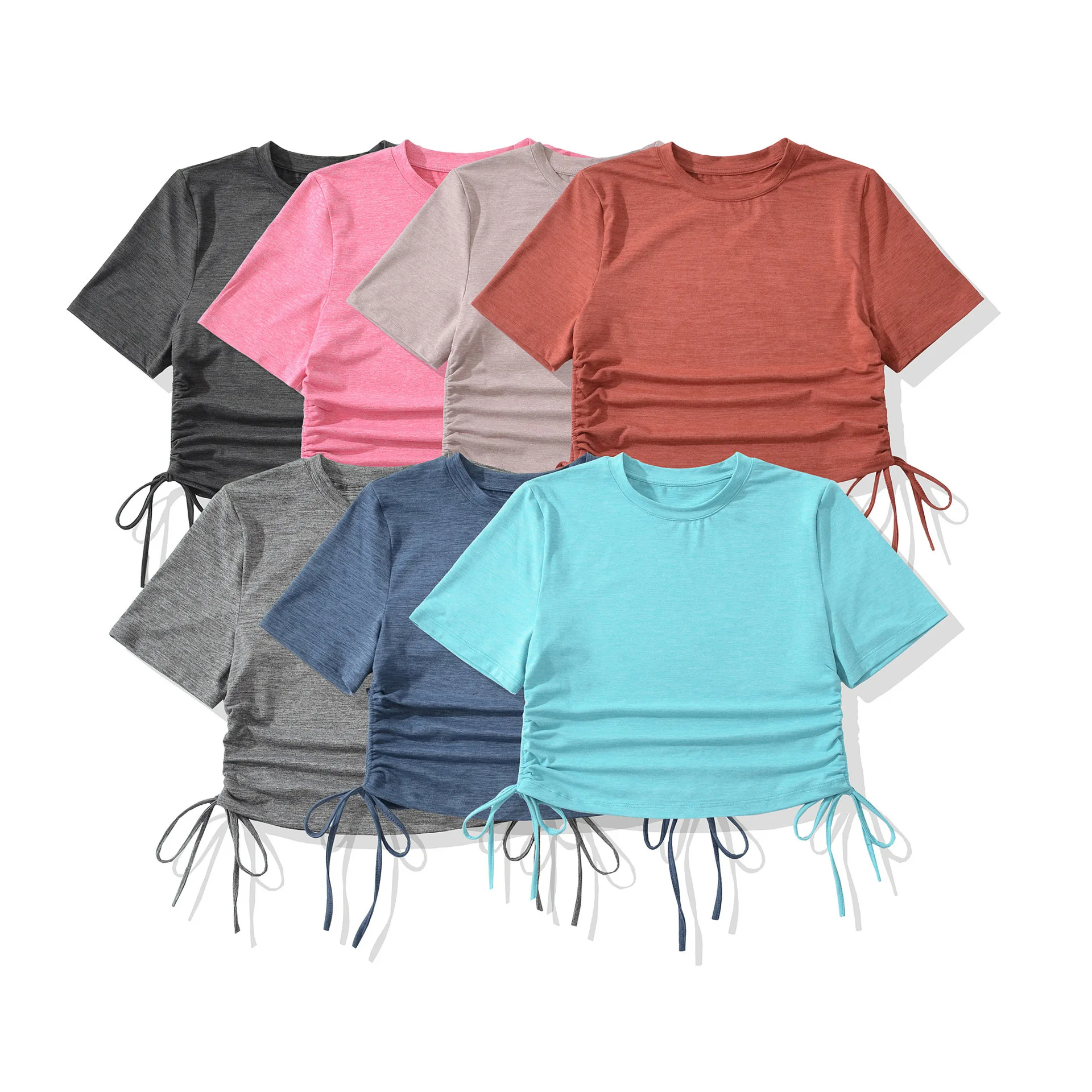 2025 Summer New High-Waisted Short-Sleeve Pleated Drawstring Top for Women Slim Fit Solid Color Short-Sleeve T-Shirt 7XVB