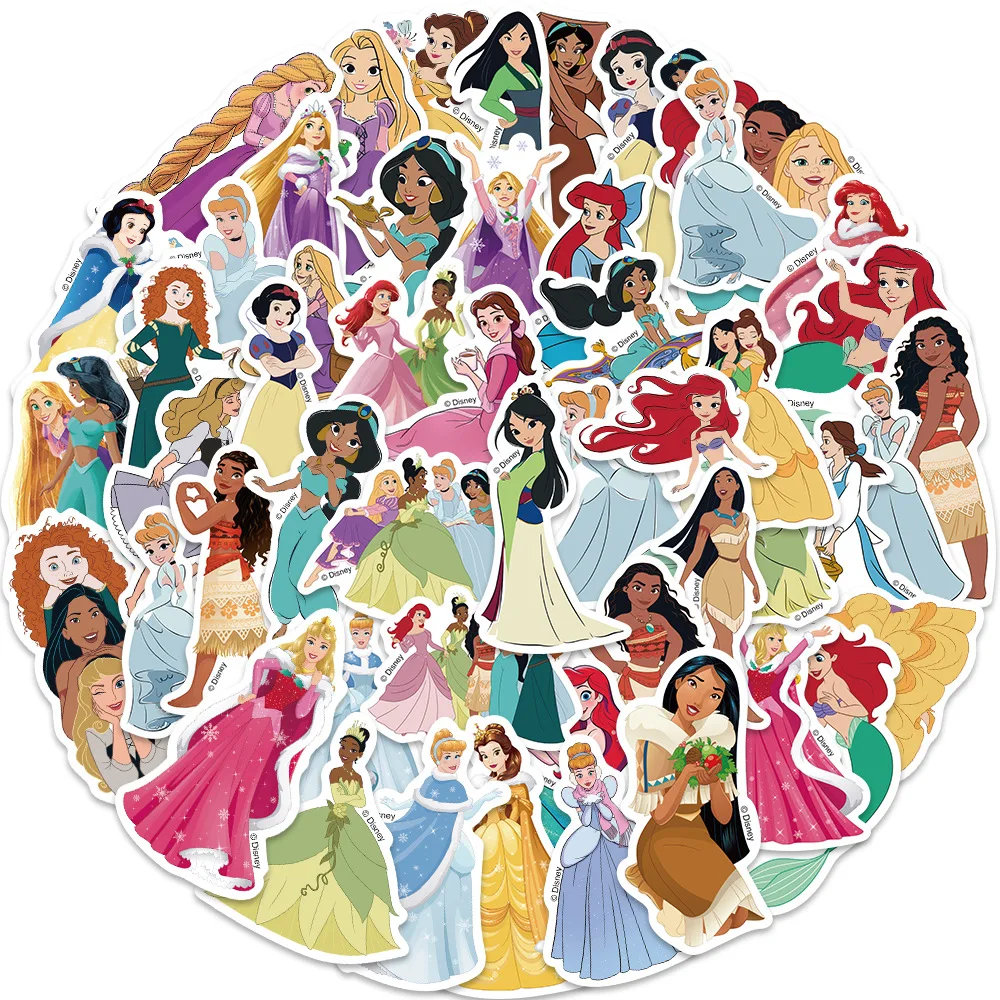 50PCS Disney Princess Movie Stickers Anime Decal DIY Skateboard Laptop Motorcycle Cool Cute kawaii Cartoon Sticker Pack Kids Toy