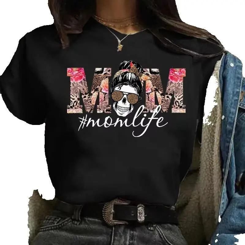 cotton 100% MOM Life Leopard Floral Skull Messy Bun Print T-shirt For Women Casual Loose Short Sleeve Mother's Day Gift Tops