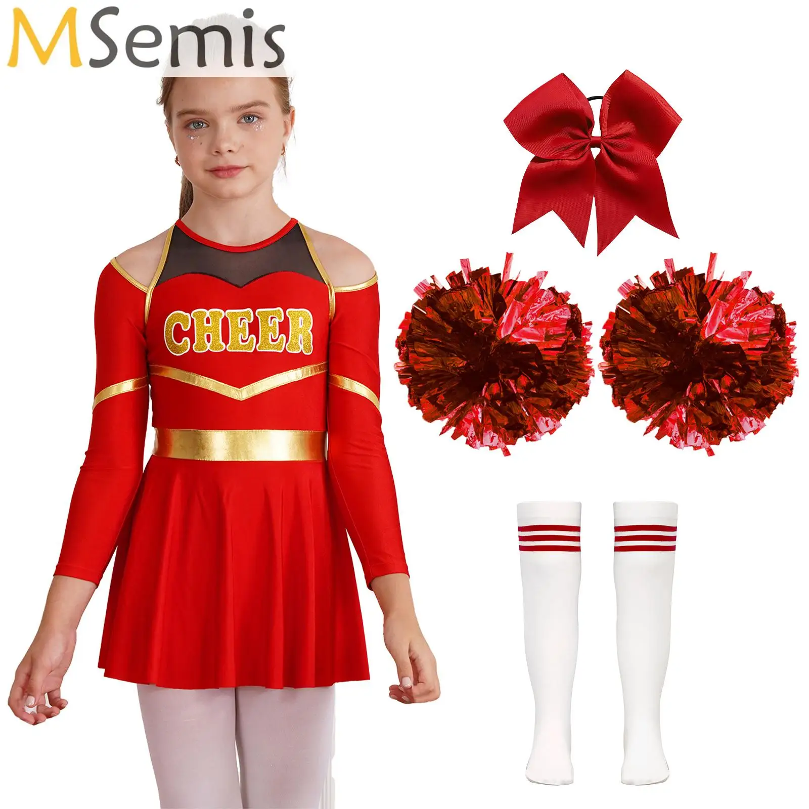 

Kids Girls Cheer Leader Uniform Role Play Costume Schoolgirls Suit Long Sleeve Cheerleading Dress with Pom Poms Stockings Set