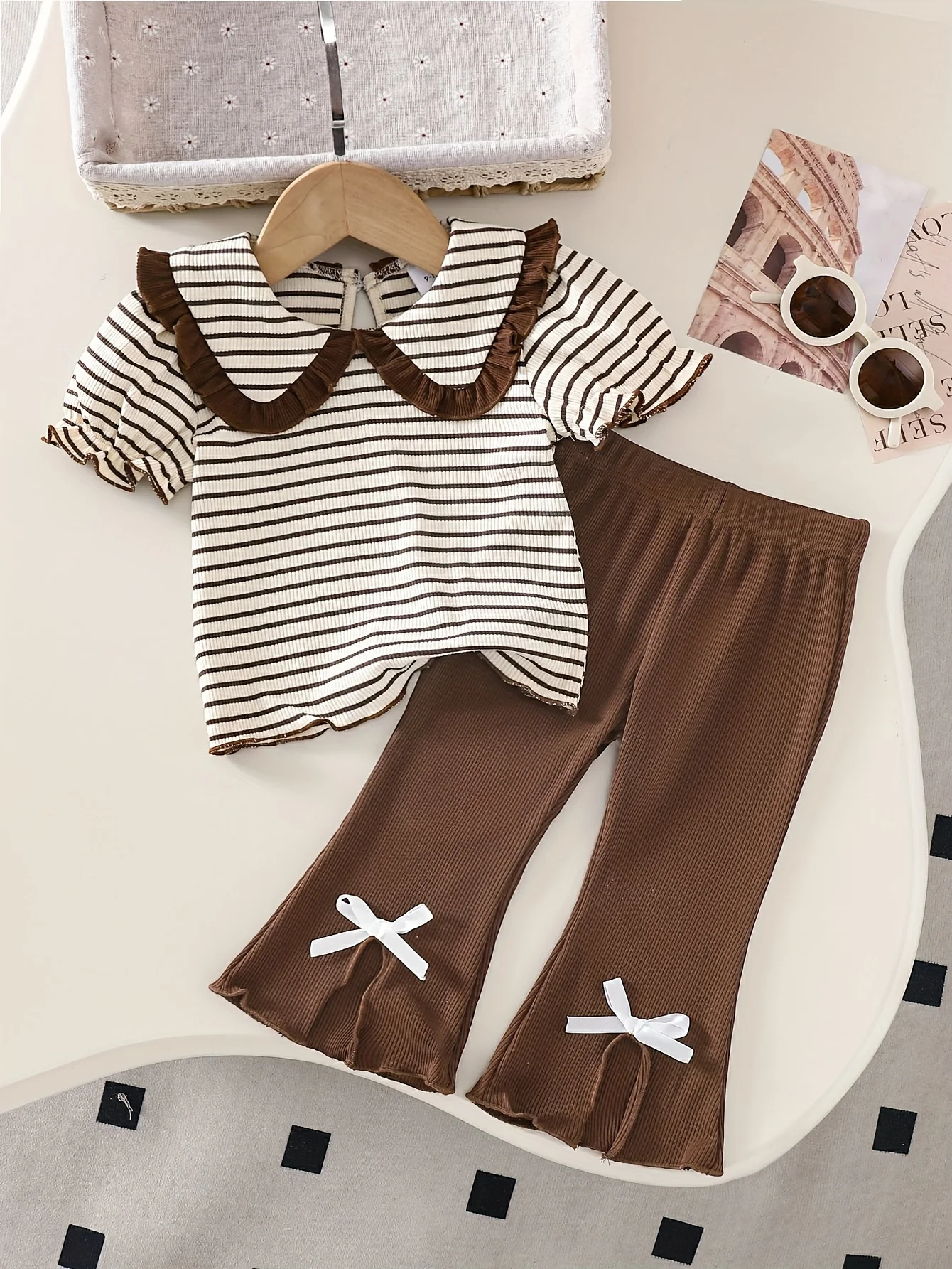Baby Girl Spring & Summer Cute Striped Short Sleeve Top & Comfortable Brown Slit Design Long Pants 2-Piece Set