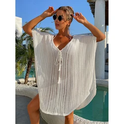 Knitting Binding Rope Bikini Cover Up Sexy Hollow Loose Dress Female Summer Swimsuit Beach Sunscreen Smock Dress