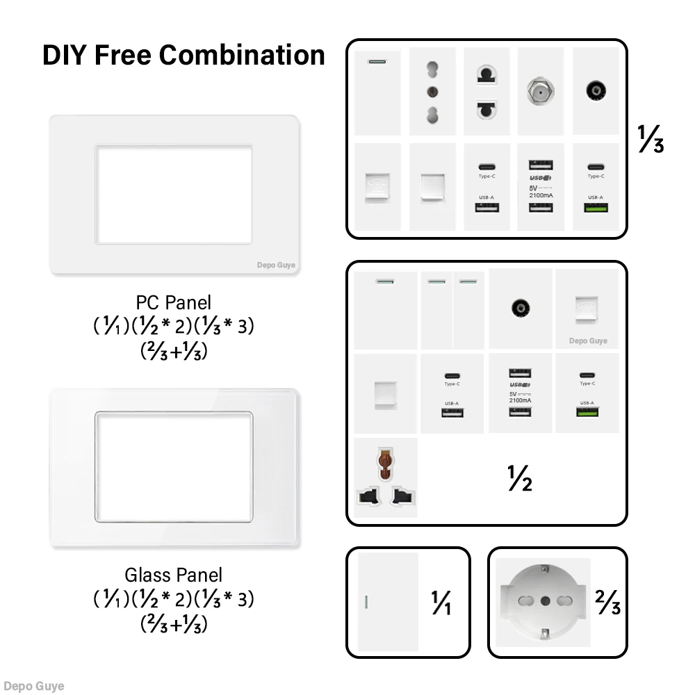 Italian Wall Socket Plastic/Tempered Glass Panel White USB Type C Charge Port TV Satellite Rj45 TEL Blank Switch DIY Combination