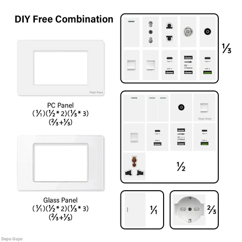 Imagen 2 del producto Toma de pared italiana, Panel de plástico/vidrio templado, puerto de carga USB tipo C blanco, TV, satélite, Rj45, TEL, interruptor en blanco, combinación DIY