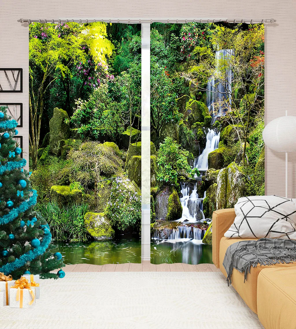 3D Print Polyester Curtain for Living Room and Bedroom Decor, Back Garden, Family Yard, Natural Scenery, Thin Shading, Hooks, 2