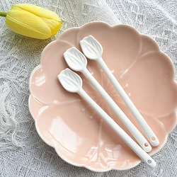 1PC Tulip Ceramic Coffee Spoon Long Handle Ice Cream Spoon Dessert Milk Tea Honey Stick Stirring Tool