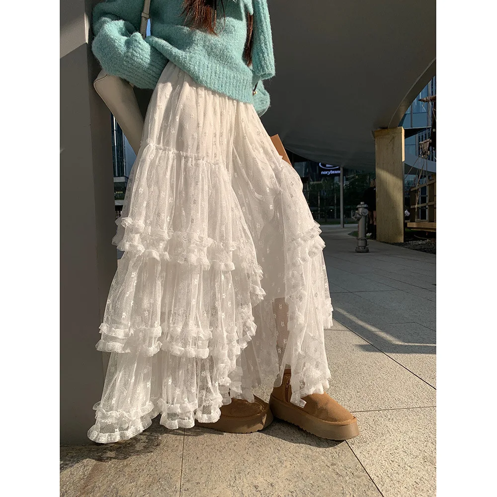 

2026 Spring New Product Sweet Flower Mesh Heavy Industry Fungus Edge Splicing Versatile Irregular Cake Skirt Women's Long Dress