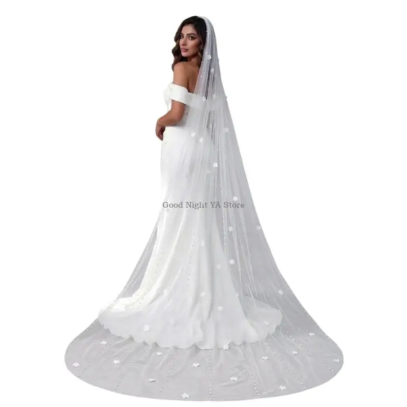  Flower Pearls Cathedral Veils 300cm Length Head Veils for Formal Wedding Accessory