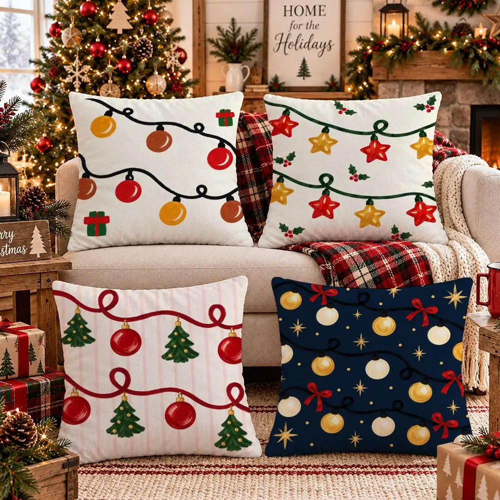 Christmas Lights Cushion Cover Soft Short Plush Pillow Cover Smooth Cozy Texture Cushion Case Home Decor