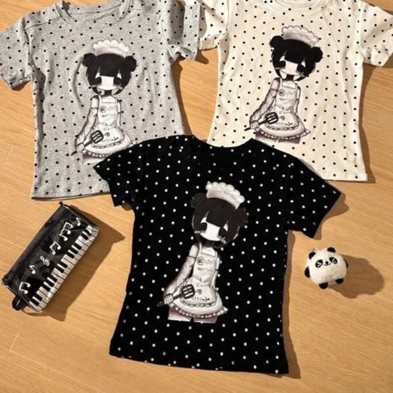 2000s Y2K Grunge Cute Gothic Cartoon Maid Print Polka Dot Short Sleeve T-Shirt Casual Comfortable Cotton Tees Multiple Colors