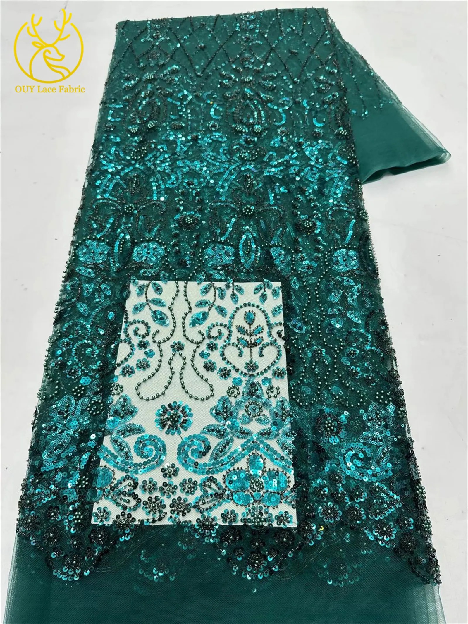 5 Yards meistverkaufter afrikanischer Pailletten-Spitzenstoff, hochwertige Mode, nigerianischer Perlen-Tüll-Spitzenstoff, Nähen von Partykleidern – Detail 6