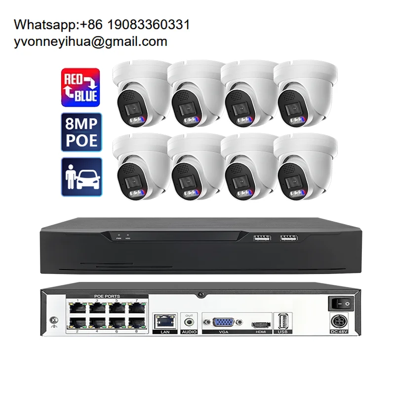 8MP 8 Channel Red-Blue Light Alarm CCTV Camera System Full Color Night Vision 4K Security System With Motion Detection