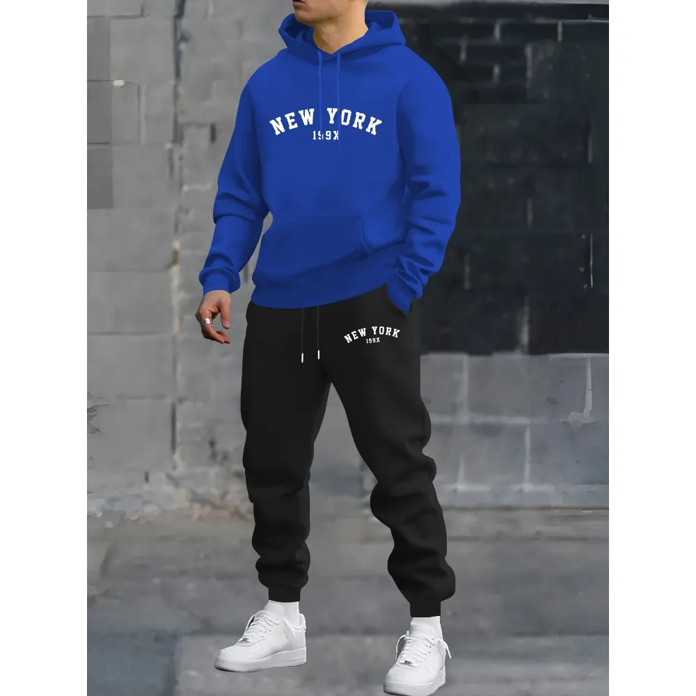 

Men's New York Print Hoodie and Sweatpants Set Casual Sports Fashion Trendy Two-Piece Polyester Knit Fabric, Elastic Fit Unisex
