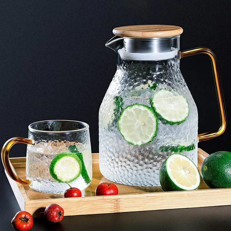 Transparent Glass Water Jug Hot/Cold Tea Pot Stainless Steel Flow Lid Carafe with Handle Heatproof Teapot Set