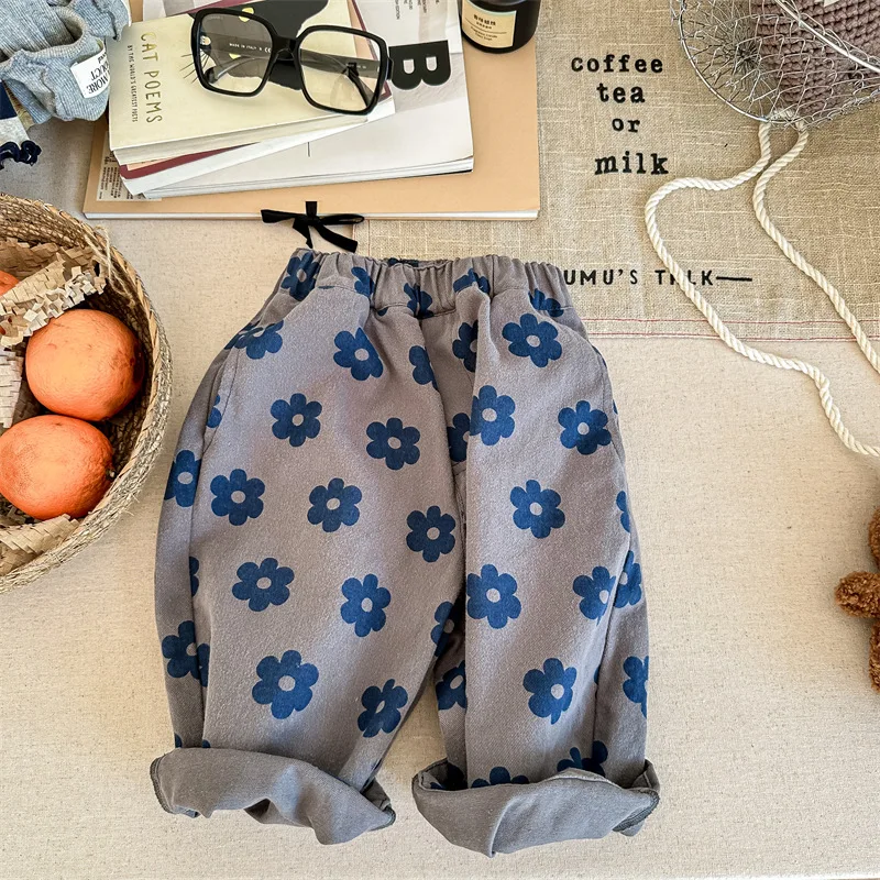 2024 Autumn Children\'s Clothing New Korean Edition Wash Cotton Haren Pants Long Pants for Boys and Girls Flower Pocket Trousers