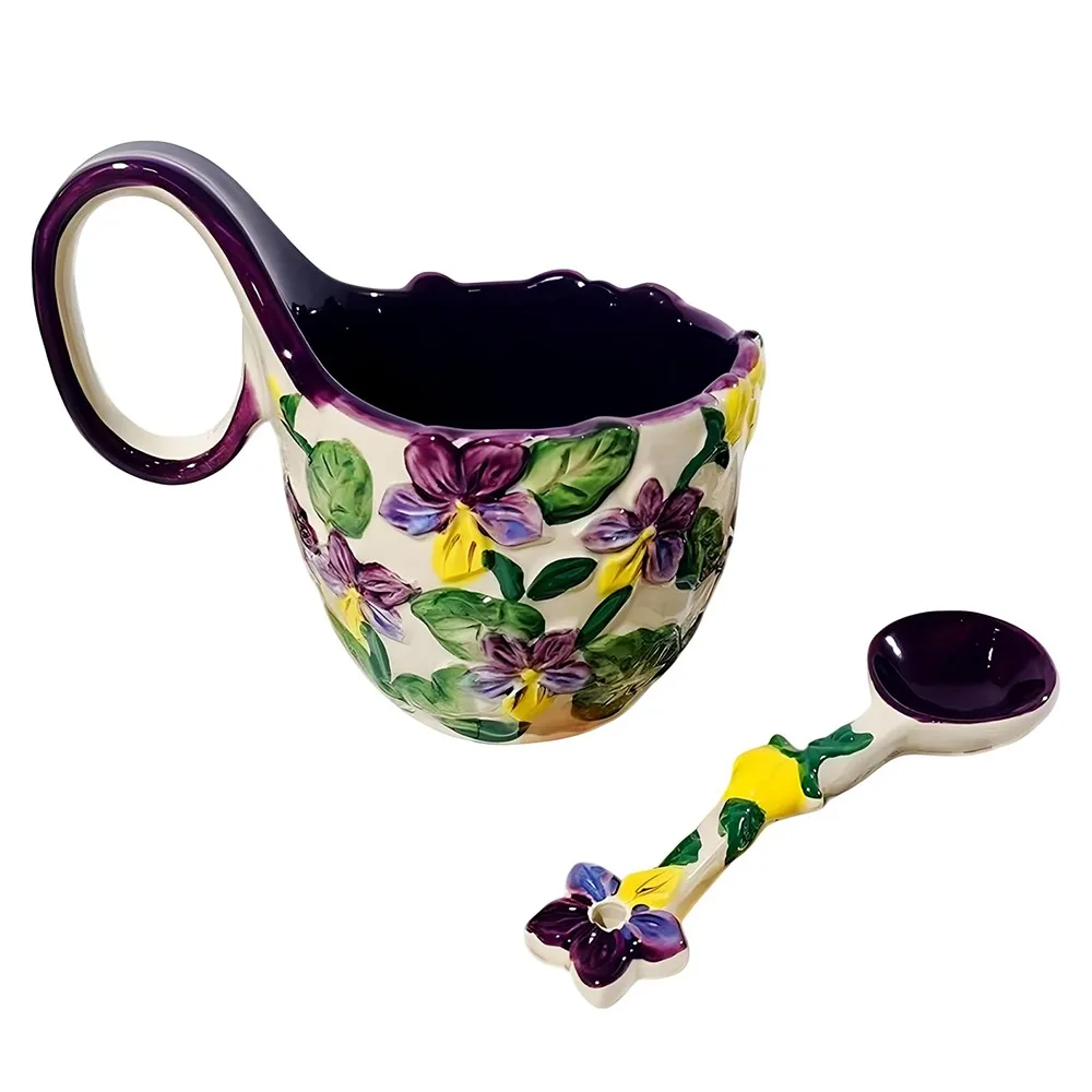 

Керамическая суповая миска ручной работы с ручкой-петлей, безопасная для микроволновой печи, с ложкой, большая ручка