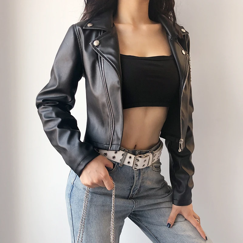 ZURICHOUSE Punk Leather Jacket Women Spring 2024 Streetwear Personality Chain Design Long Sleeve Faux Leather Cropped Jacket